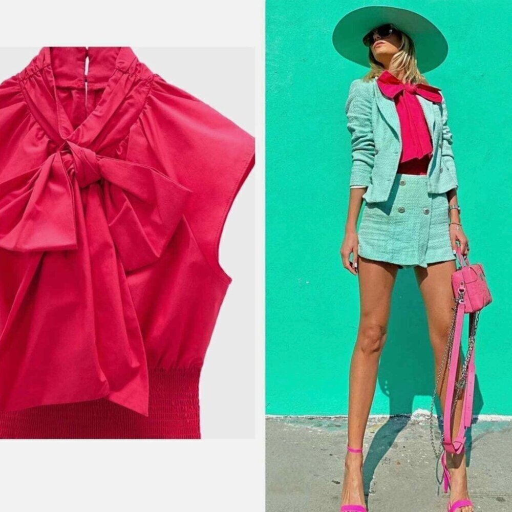 Zara Pink Bow Tie Top with Smocked Waist Size M NEW WITH TAG!